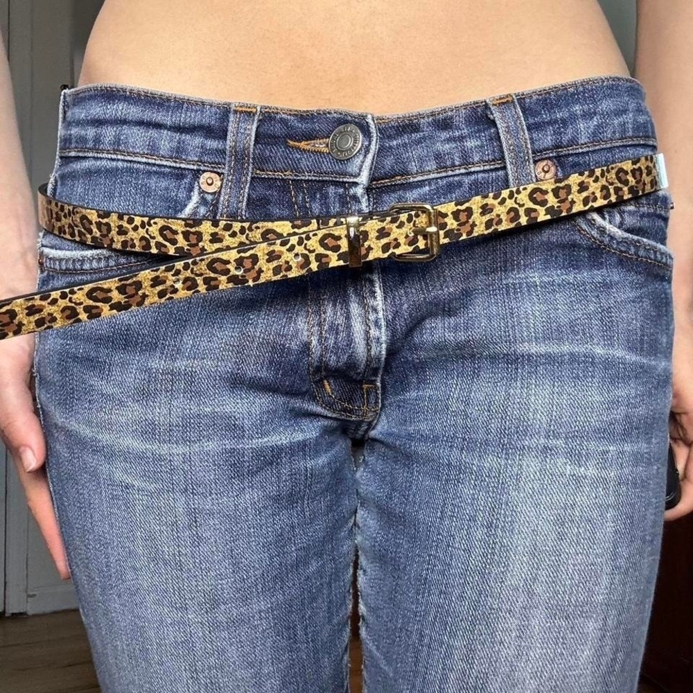 Leopard Print Skinny Belt Gold Buckle Animal Pattern Slim Waist Belt Brown Tan